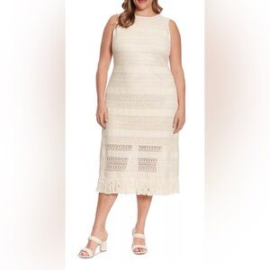 NWOT London Times Woman Bohemian Crochet Fringe Dress Cream Ivory Size 24W